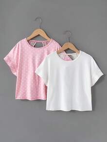 SHEIN Girlism 青少年女孩 2件套 粉色與白色波點 夏季可愛 母女款親子套裝 休閒時尚 交叉露背寬鬆T恤 - 彩色 - 查看 2