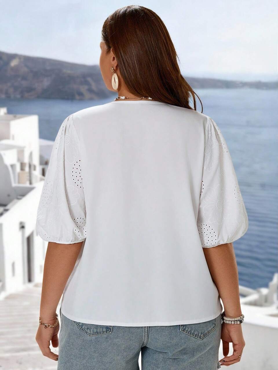 Plus Size Women Textured Embroidered Blouse, Vacation Women, Country Concert, White Top, Countryside Style, Summer Vacation Elegant