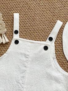 PrepCrw 2pcs Unisex Newborn Baby Boy/Girl Casual Versatile White Romper With Bib Overalls And Sun Hat Set, Suitable For Spring/Summer Daily Outings - White - View 6