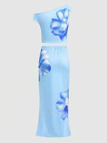 SHEIN Tween Girl Light Blue Tropical Floral Pattern Ruched Fitted Skirt 2 Pieces Set,Summer Vacation Holiday Outfit,Casual Asymmetric Co Ord Set,2pcs - Blue - View 3