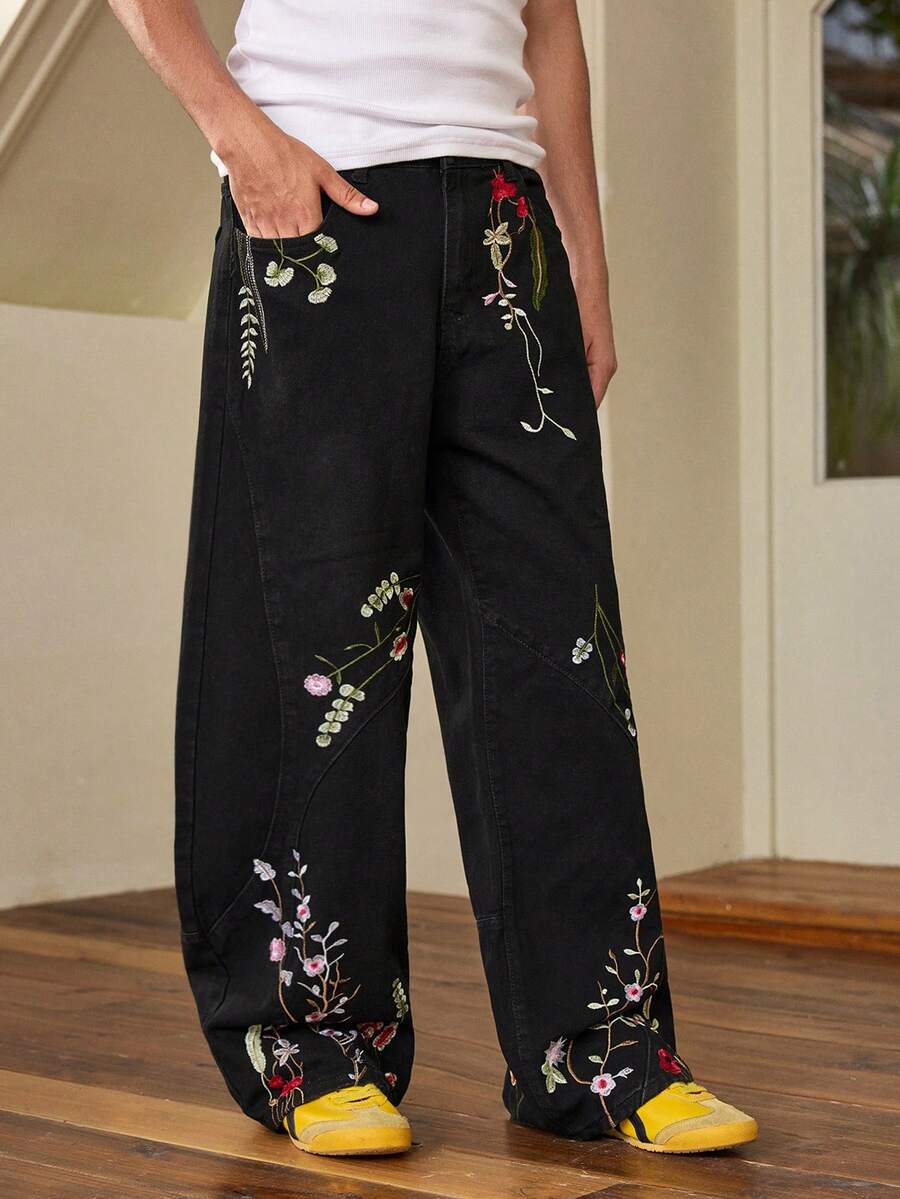 Whitmere 1pc American Street Fashion Patchwork Embroidered Loose Wide-Leg Jeans, Comfortable High Street Versatile Casual Denim Pants For Men (Belt And Accessories Not Included) - Black - View 1