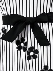 SHEIN Tween Girls Ruched Collar, Detachable Waist Belt, Polka Dot Pleated Jumpsuit, Featuring Flutter Sleeves, Ruffle Collar. Suitable For Elegant Casual, Holiday, Party, Shopping - Black and White - View 8