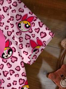 THE POWERPUFF GIRLS X SHEIN T-shirt med rund hals och kort ärm för tweenflickor, tecknad film och hjärtmönster - Vitt - Visa 5