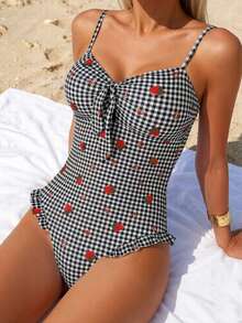 SHEIN Swim 女士连体可爱休闲度假泳衣，蓝色格子、爱心、草莓印花，正面蝴蝶结系带，荷叶边下摆 - 黑色 - 查看 1