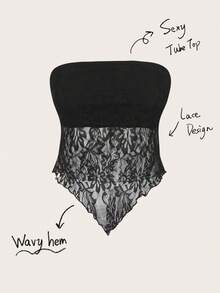 SHEIN PETITE CURVE Plus Size Women's Black Summer Elegant Night Out Club Lace Bandeau Top, Asymmetric Hem Strapless Fitted Retro Y2K Fashion Tube Top - Black - View 3
