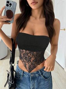 SHEIN PETITE CURVE Plus Size Women's Black Summer Elegant Night Out Club Lace Bandeau Top, Asymmetric Hem Strapless Fitted Retro Y2K Fashion Tube Top - Black - View 8