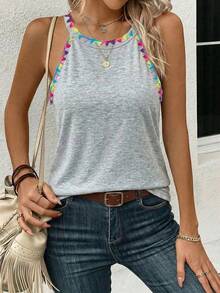 SHEIN LUNE Áo tank top nữ 95% cotton thêu ren hoa nhiều màu sắc, kiểu dáng ôm sát, cổ yếm, thích hợp cho mùa hè. - Màu Xám nhạt - Xem 7