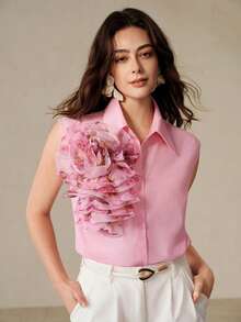 BELROSIE Romantic Elegant Pink & Multi-Color Floral Rose Print Organza Layered Sleeveless Collared Blouse Top, Versatile For Work, Casual, Party, Holiday - Pink - View 6