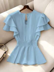 SHEIN Franclia 女士纯色圆领褶皱休闲百搭日常衬衫 - 藍色 - 查看 2