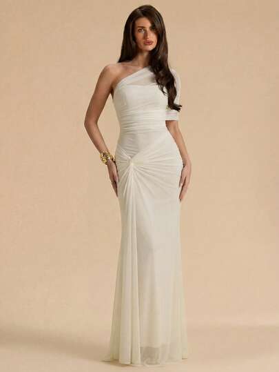SHEIN BAE Apricot Color Ruched One-Shoulder Dress, Suitable For Beach Vacation, Beach Travel, Beach Party, Date, Nightclub, Outing, Party, Music Festival, Brunch And Other Occasions