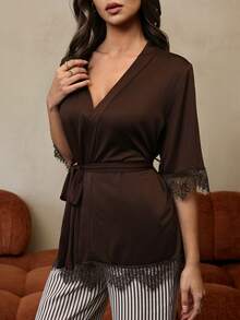 HautHeat Women's Lace Trim Robe With Waist Tie And Striped Print Pants Pajama Set, Suitable For Spring, Summer And Autumn - Rust Brown - View 6