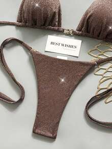 Swim Vcay Women's Solid Color Shiny Fabric Spaghetti Strap Metal Decor Beach Vacation Bikini Set - Brown - View 4