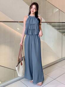 DAZY Spring Summer Blue Solid Color Ruffle Trim Sleeveless Top & Wide Leg Pants Women 2 Pieces Set - Blue - View 3