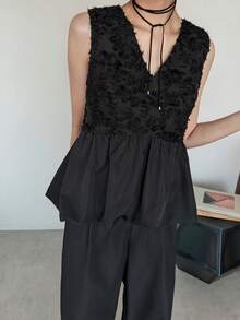 FRIFUL Women's French Style Lace Patchwork Camisole And Casual Pants 2 Pieces Set Summer - Black - View 2
