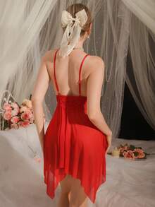 DelicateAllure Women's Sleeveless Nightgown With Spaghetti Straps, Lace Patchwork And Bow Decor, Solid Color Sexy - Red - View 2
