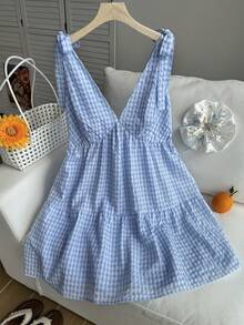 Comfortcana Đầm nữ casual đi nghỉ mát cổ chữ V họa tiết kẻ caro đen trắng thắt dây size lớn - Màu xanh lam - Xem 4