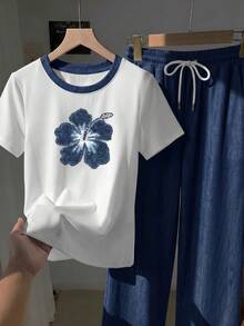 Divinelle 2pcs Set Embroidered Round Neck Short Sleeve Top And Striped Print Pants, Casual - Multicolor - View 4