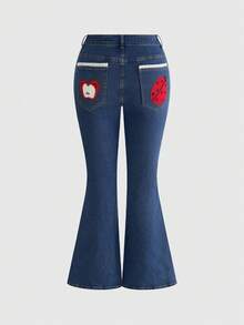 Sweetness Plus Size Vintage Casual Washed Summer Embroidered Cute Apple Pattern Versatile Minimalist High Stretch Flare Jeans Teachers' Day Formal Graduation - Blue - View 2