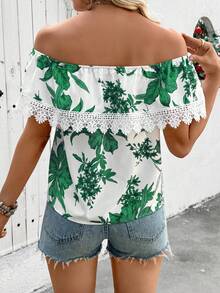 SHEIN Holidaya 女款單肩花卉印花蕾絲拼接上衣（不規則印花） - 綠色 - 查看 2