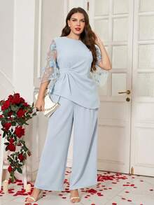 Reflora Plus Size Asymmetric Twist Embroidered Patchwork Sleeve Shirt And Casual Elegant Loose Pants 2 Pieces Set Wedding Light Blue Autumn - Baby Blue - View 5