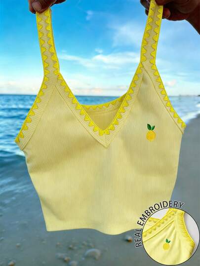 Franclia Camiseta de tirantes para mujer, escote en V, cómoda y ajustada, bordado de limón, estilo refrescante y alegre, top amarillo limón, estilo talla grande vendido para el verano, punto concha