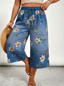 SHEIN VCAY Plus Size Women Casual Denim Effect Print Loose 3/4 Pants - Blue - View 6