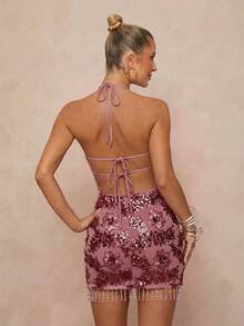 Lumalex Vestido con cuello de halter, cintura con lazo y dobladillo con flecos con detalles bordados y lentejuelas para mujer - Rosa - Ver 8