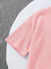 SHEIN LMoss Kids 两件套女童针织纯色圆领宽松T恤和修身短裤套装 - 粉色 - 查看 4