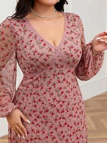 Feyla Plus Size Floral Print V-Neck Lace Patchwork Elegant Long Sleeve Dress Fall - Pink - View 1