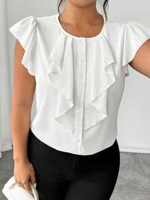 SHEIN Clasi Plus Size Women's Elegant Brown Round Neck Ruffle Top, Casual Summer Top, Versatile Work Gym Daily Wear - White - View 2
