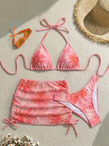Soleia Bộ bikini hai dây buộc cổ và váy che ngoài in hoa dành cho nữ, thích hợp cho kỳ nghỉ biển. - Màu Hồng  San hô - Xem 1