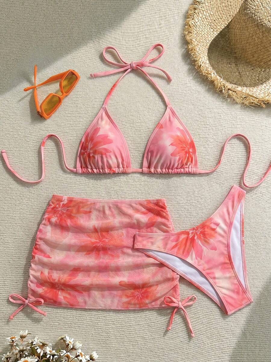 Soleia Bộ bikini hai dây buộc cổ và váy che ngoài in hoa dành cho nữ, thích hợp cho kỳ nghỉ biển. - Màu Hồng San hô - Xem 1