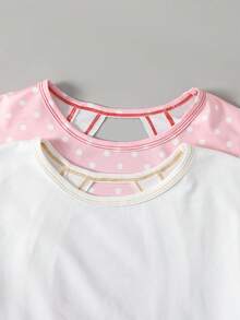 SHEIN Girlism 青少年女孩 2件套 粉色與白色波點 夏季可愛 母女款親子套裝 休閒時尚 交叉露背寬鬆T恤 - 彩色 - 查看 3