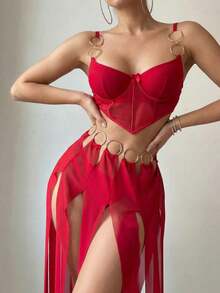 Spicy Aura Set Lingerie Seksi Wanita 3pcs/Set (Dengan Kawat Penyangga, G-String, Rok Mini) - Merah - View 5