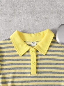 SHEIN Vestido casual de verano para adolescentes, de ajuste ceñido, con rayas amarillas y grises, cuello amarillo, estilo preppy - Amarillo - Ver 4