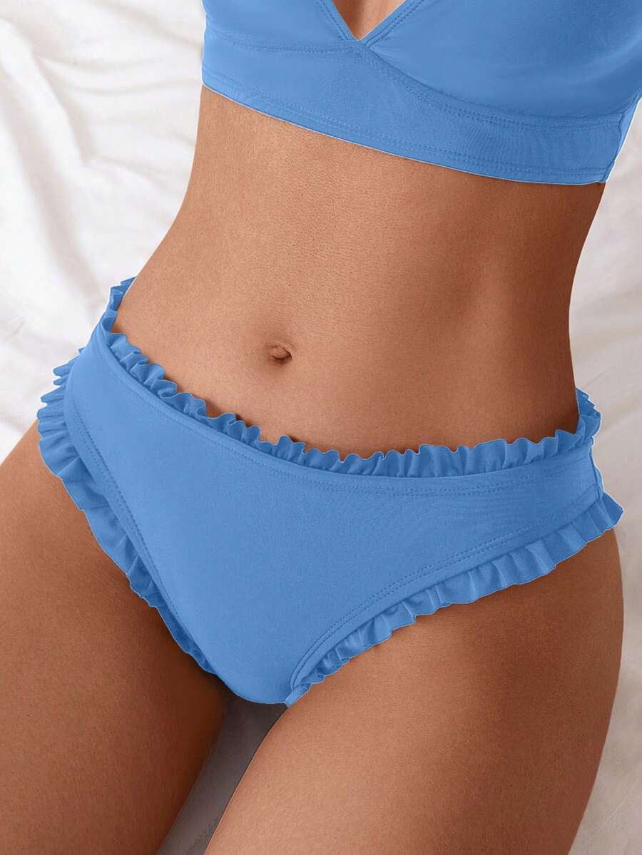 SHEIN Swim 女款淺藍色泳褲下裝,荷葉邊飾邊,適合夏季海灘泳池派對,休閒可愛 - 藍色 - 查看 1