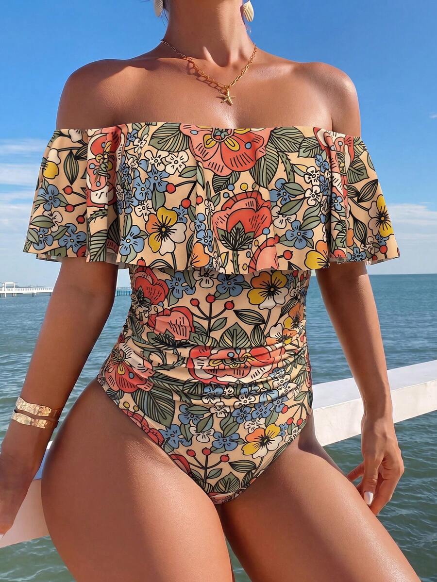 Swim Lushoire Spring/Summer Leopard Print Ruffle Off-Shoulder Women's One-Piece Swimsuit With Side Drawstring, Festival Boho - Multicolor - View 1