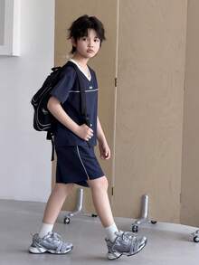 DAZY 青少年男孩V領寬鬆撞色短袖上衣與短褲套裝，夏季男孩襯衫套裝 - 藏蓝色 - 查看 4