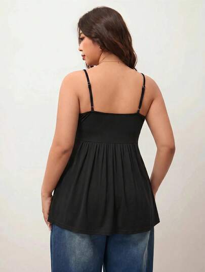 Enliva Plus Size Women's Black Summer Casual Everyday Elastic Comfortable Drawstring Waist Camisole,Curve-Hugging Top,Minimalist Babydoll Blouse