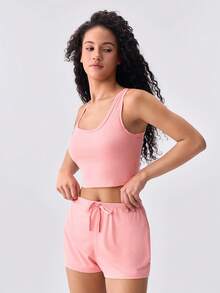 Loungeista 3 pezzi/set pigiama da donna con top senza maniche e pantaloncini, in poliestere sottile tinta unita, set di abbigliamento da casa minimalista e confortevole, adatto per primavera/estate, nero/grigio/rosa 6 pezzi - Multicolore - Visualizzare 4