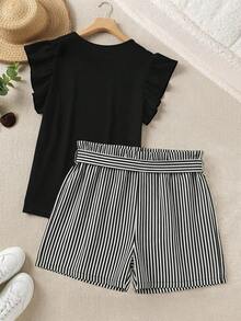SHEIN CURVE+ Plus Size Round Neck Raglan Sleeve Ruffle Hem 2 Pieces Set, Elegant Casual Summer Holiday Formal Holiday Vacation Black White - Multicolor - View 2