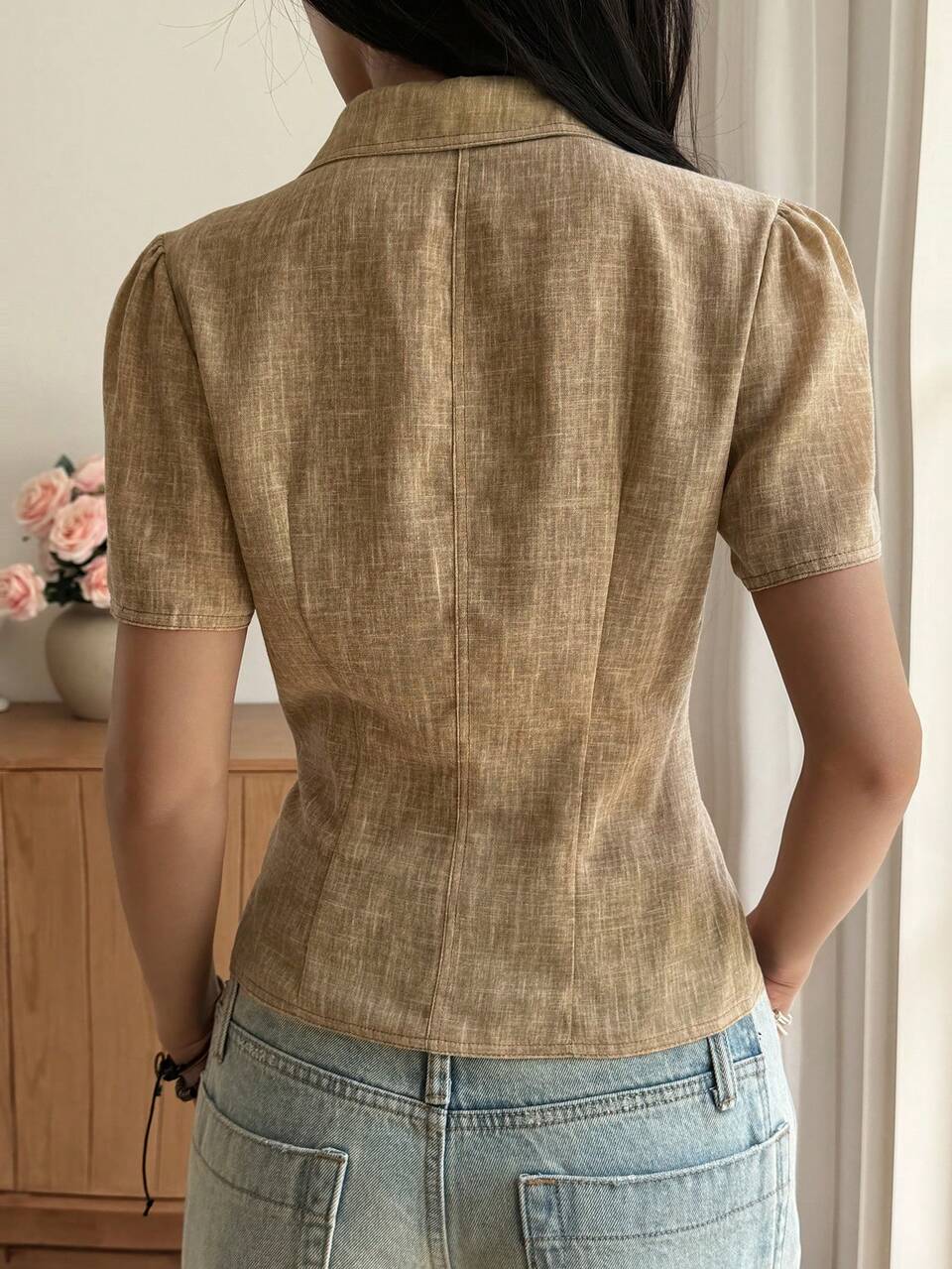 Women's Solid Color Regular Shoulder Short Sleeve Front Button Fashionable Summer Top Brunch Khaki Casual