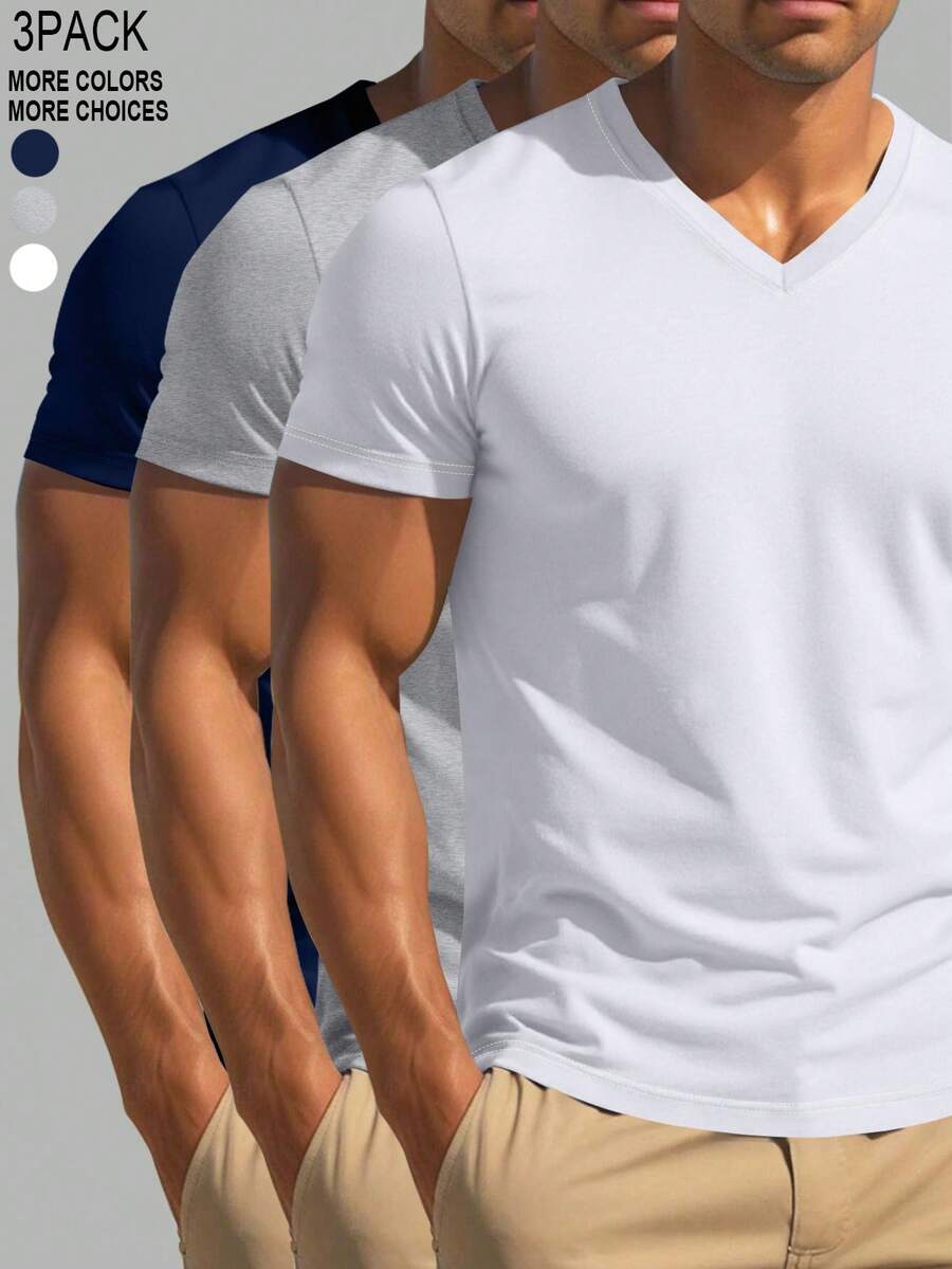 Manfinity Homme 男士3件組休閒純色V領短袖T恤,適合夏季與度假多穿搭 - 彩色 - 查看 1