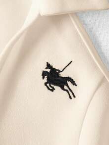 少女休閒運動通勤優雅純色V領 Polo 領馬術刺繡無袖 A 字洋裝，杏色 - 杏色 - 查看 4