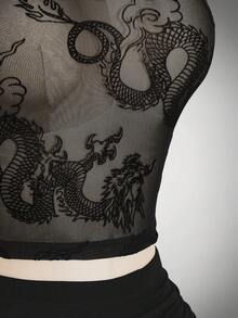 SHEIN ICON Women's Sexy Hollow Out Neck Sheer Mesh Dragon Print Fitted Cropped Sleeve T-Shirt, Autumn Club Night Black - Black - View 9