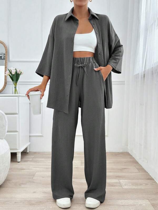 EURMUSE Women Autumn Solid Color Drop Shoulder Loose Shirt And Belted Pants Casual 2 Piece Set