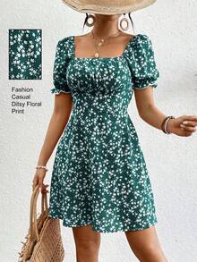 Vestido casual de manga corta para vacaciones con cuello cuadrado y estampado floral para mujer - Verde - Ver 3