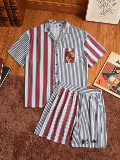 HARRY POTTER X SHEIN Conjunto de pijama de camisa de manga corta de rayas y pantalones cortos de un solo abotonadura para hombre