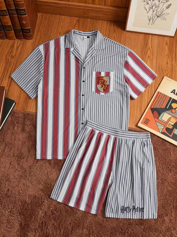HARRY POTTER X SHEIN 男士条纹短袖单排扣上衣和短裤睡衣套装