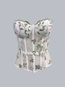 SHEIN Glamour Women's Botanical Embroidered Mesh Bustier Top - White - View 3
